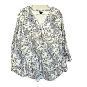 Torrid Harper Womens Size 3 Top White Black Blue Floral Tab Sleeve Femine Flowy
